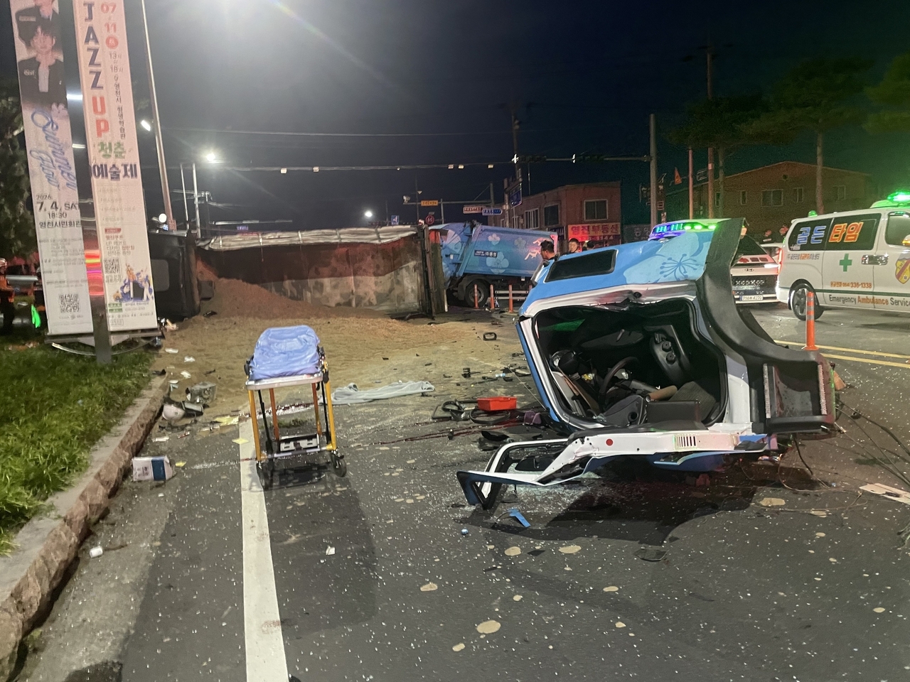 Three people were killed and one was seriously injured in the crash. The photo shows the scene in Yeongcheon on Wednesday. (Yonhap)