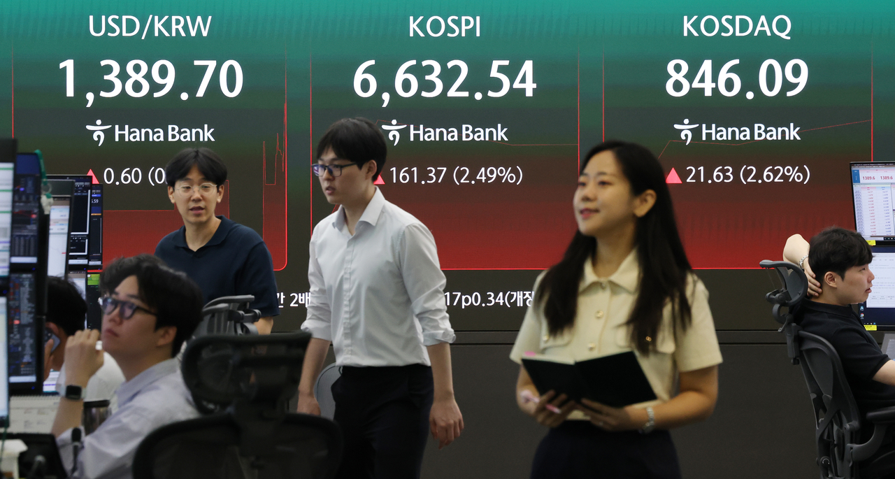 An electronic board showing the Korea Composite Stock Price Index at a dealing room of the Hana Bank headquarters in Seoul on Thursday. (Yonhap)