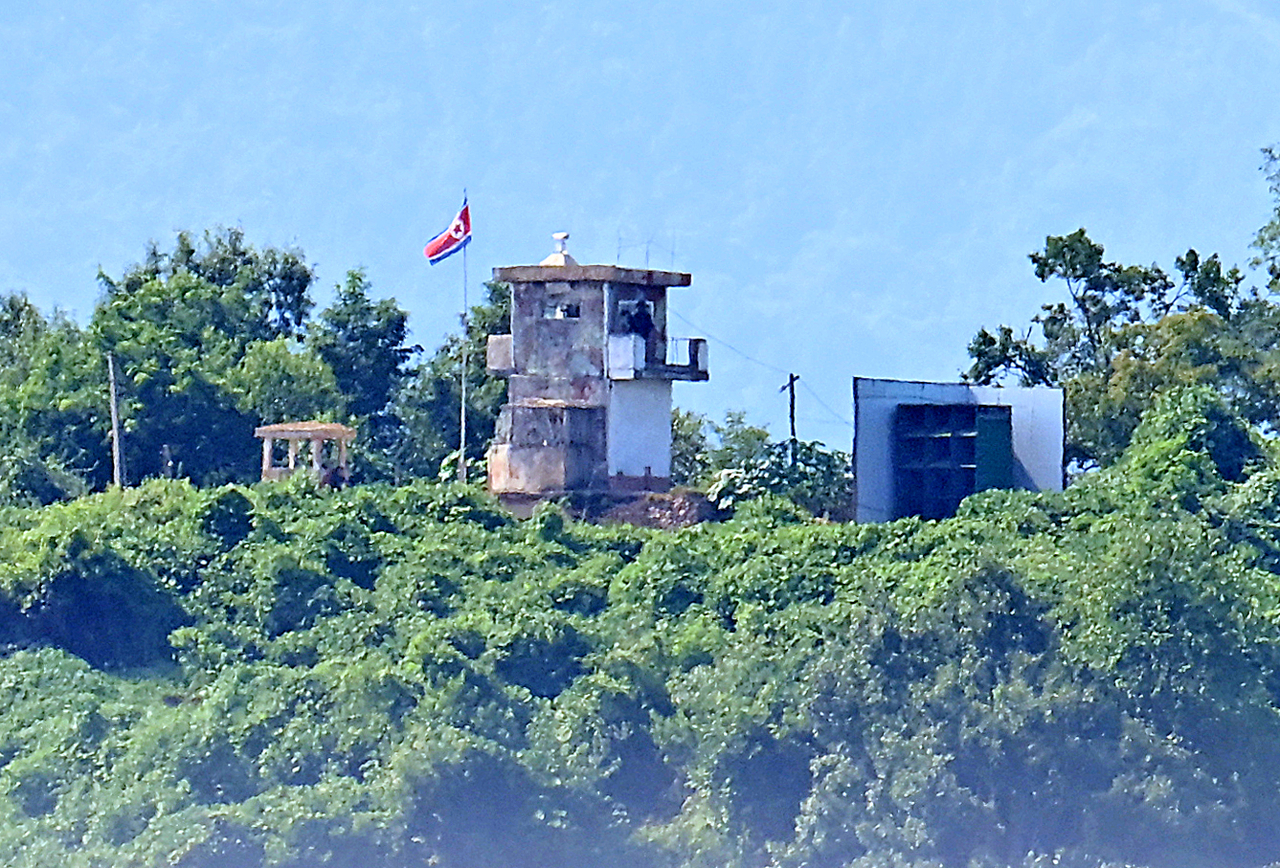 North Korean flag flies at a military guard post near the inter-Korean border during the South Korea-US Ulchi Freedom Shield exercise