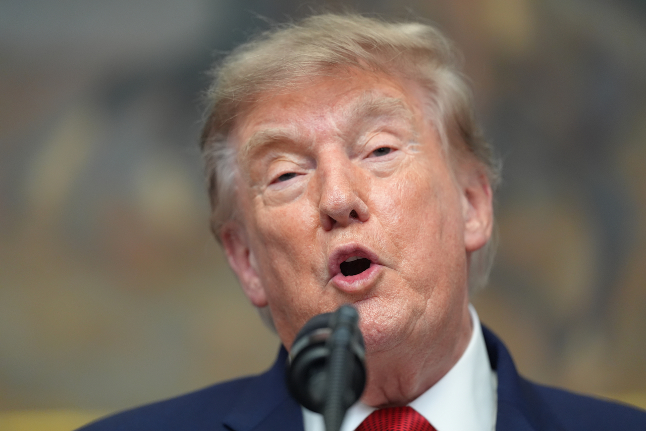 President Donald Trump speaks during a meeting with technology leaders in the Roosevelt Room of the White House in Washington on Wednesday. (AP)