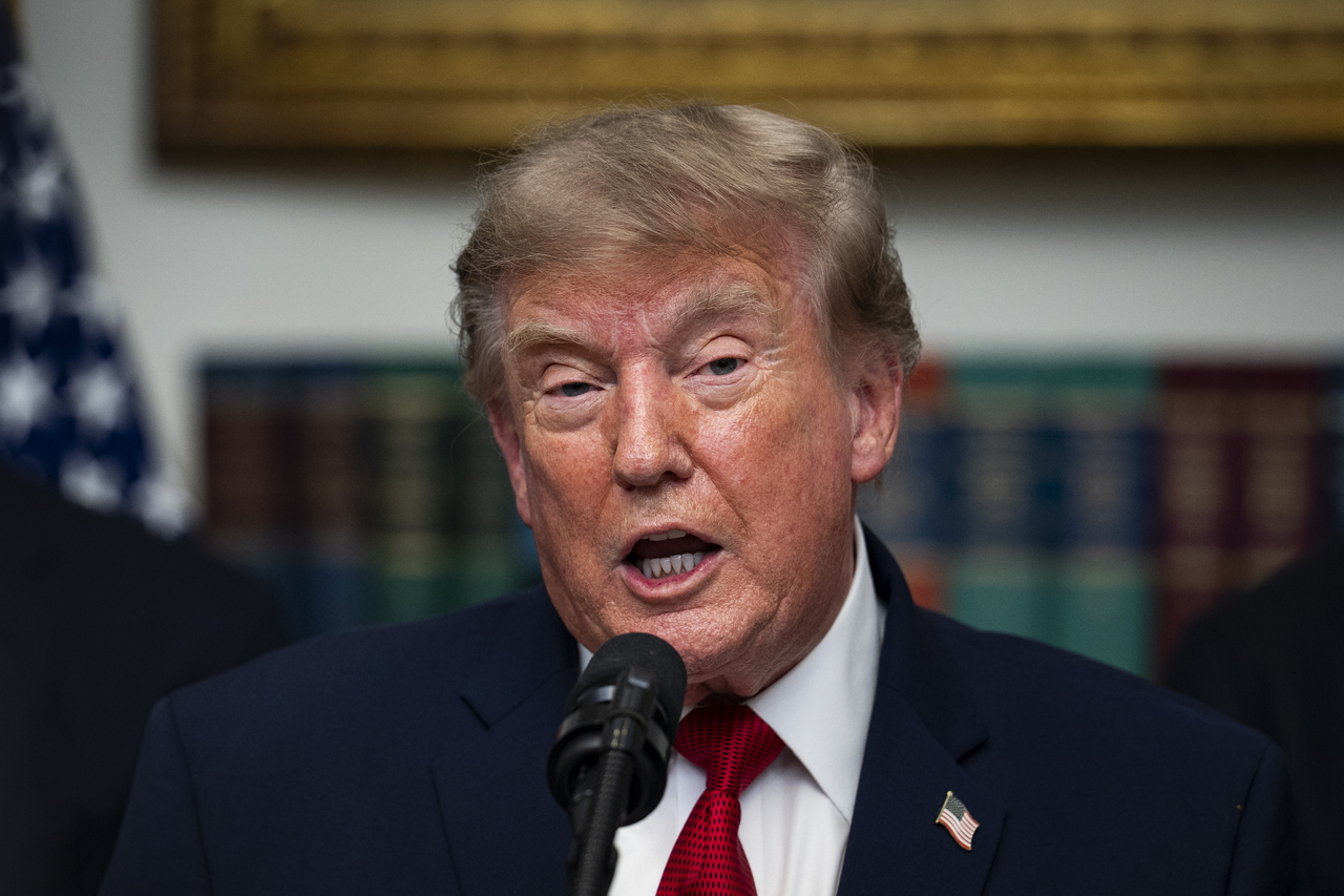 US President Donald Trump speaks during a meeting with technology leaders in the Roosevelt Room of the White House, Wednesday, in Washington. (EPA-Yonhap)