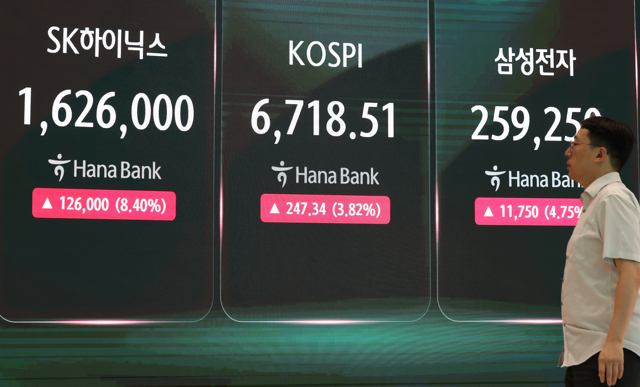 A display board at Hana Bank's headquarters in Jung-gu, Seoul, shows the Kospi and share prices of SK hynix and Samsung Electronics on Thursday. [Yonhap]
