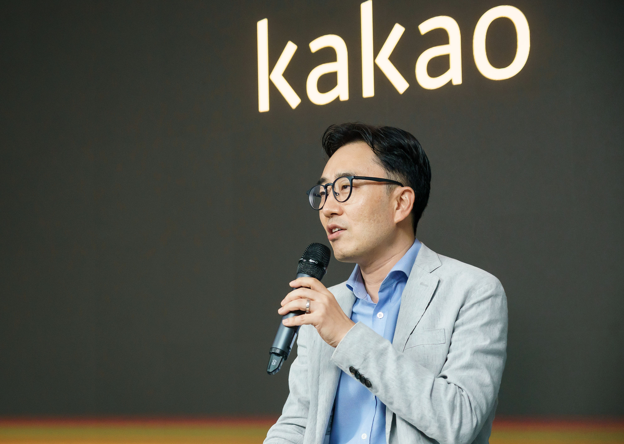 Kim Do-young, CEO nominee for Kakao X, answers questions from reporters during a briefing on Kakao’s planned corporate split Friday. (Kakao)