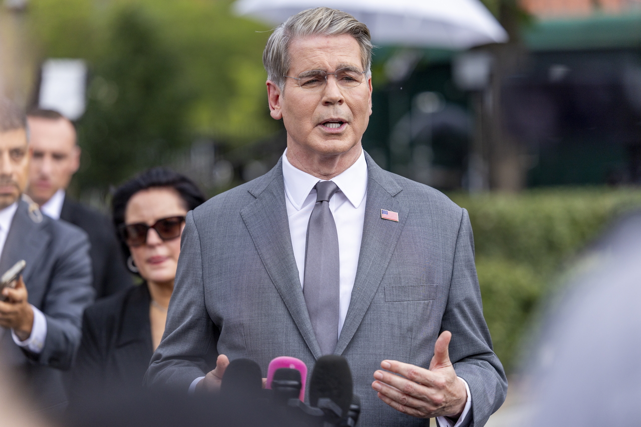 US Secretary of Treasury Scott Bessent speaks to reporters at the White House in Washington on Thursday. (EPA-Yonhap)