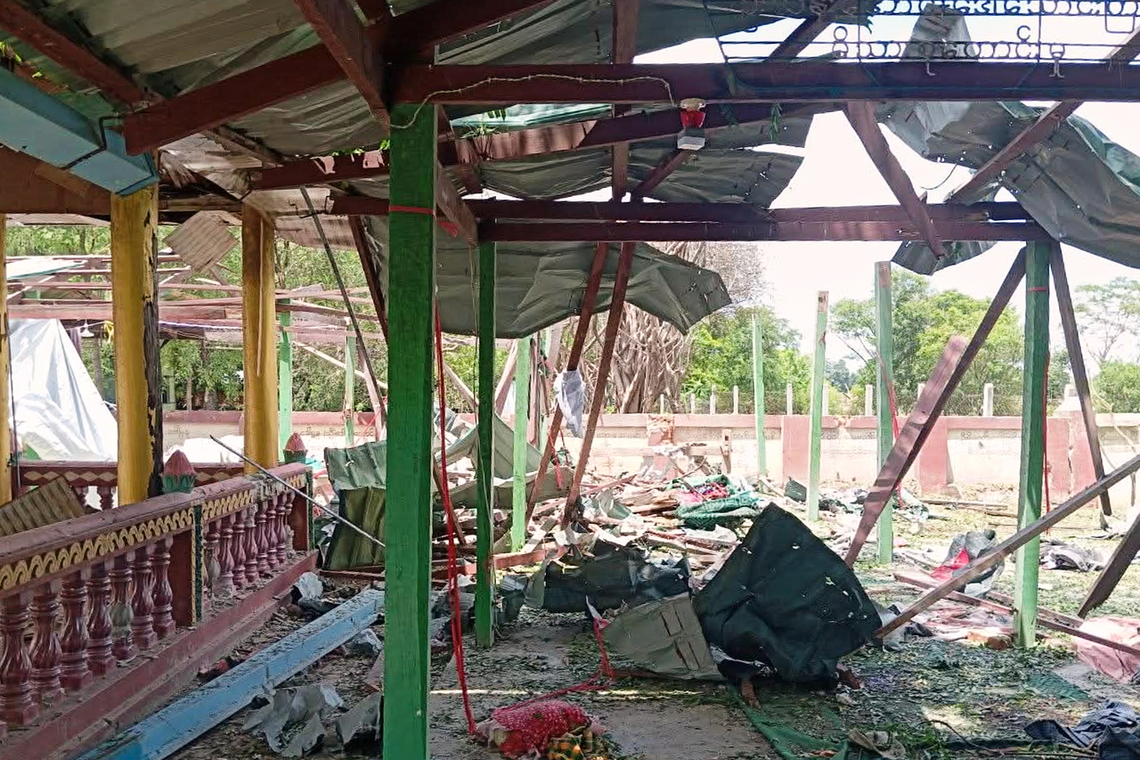 Debris litters a Buddhist monastery after an airstrike hit Swel Le Oh village in Myaung Township, Sagaing Region, Myanmar, on Friday. (Yonhap-AP)