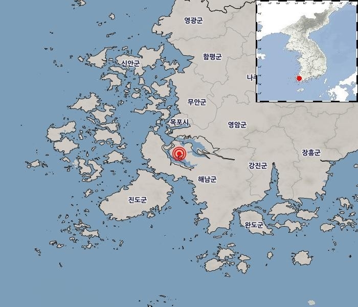 A map showing the epicenter of a magnitude 3.1 earthquake that struck an area 21 kilometers west-northwest of Haenam, Jeonnam-Gwangju, at 6:43 a.m. on Sunday. (Korea Meteorological Administration)