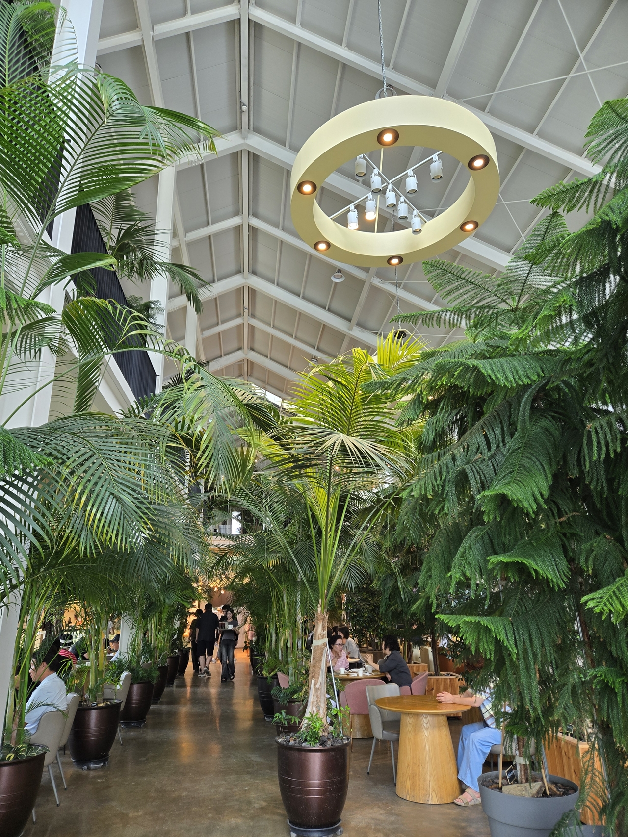 Visitors enjoy coffee and pastries on Monday morning at a bakery cafe in Hanam, Gyeonggi Province, where tall trees surround resort-like seating areas and lights hang from a high ceiling. (Choi Jae-hee / The Korea Herald)