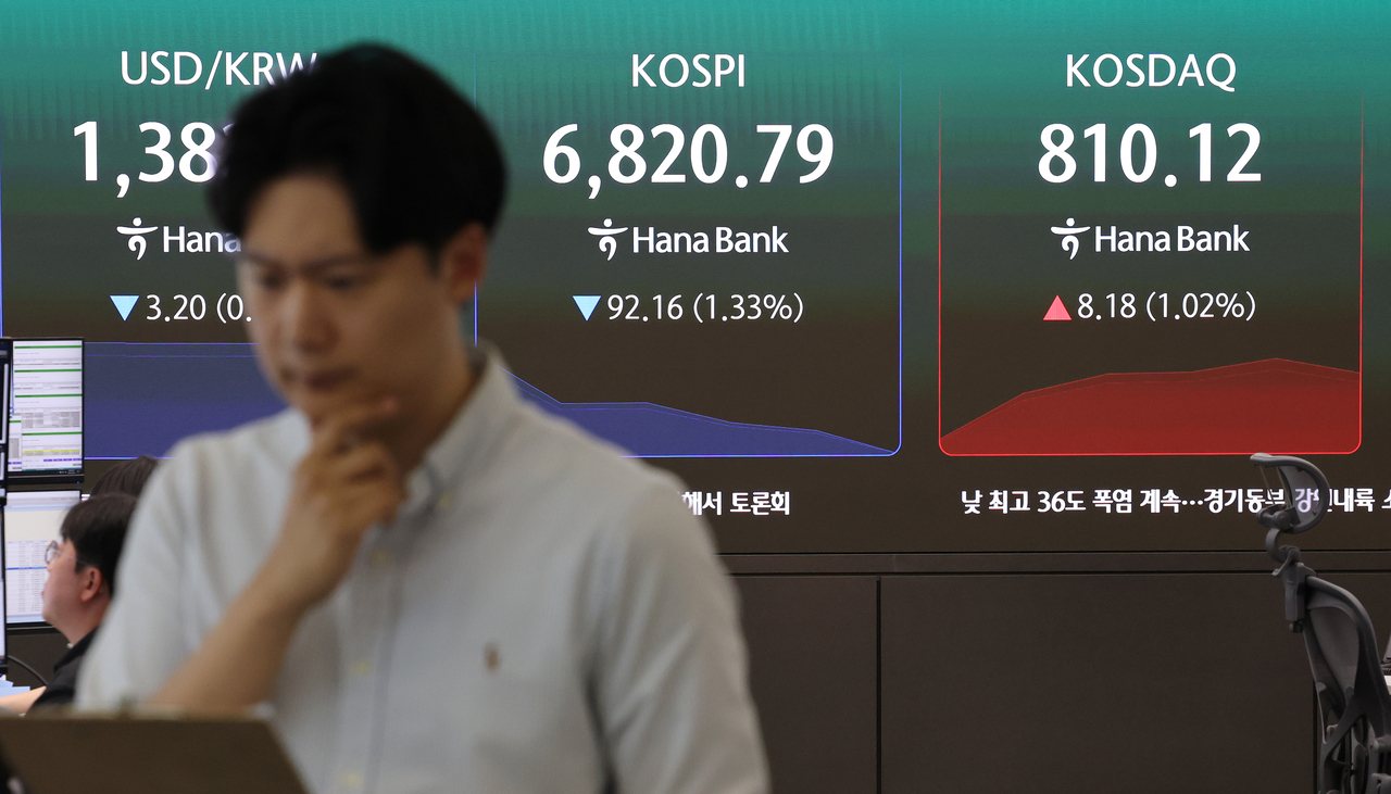 An electronic board showing the Korea Composite Stock Price Index at a dealing room of the Hana Bank headquarters in Seoul on Monday. (Yonhap)