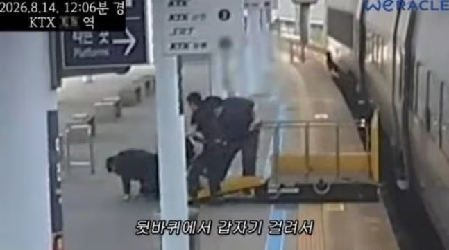 A screen capture from Park Wi’s now-deleted YouTube video shows security footage of his fall at a KTX station on Aug. 14. The video was uploaded Friday. (Screenshot from YouTube)