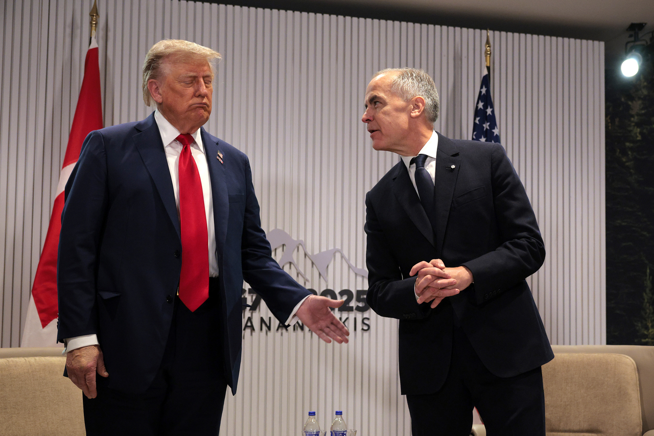 US President Donald Trump and Canadian Prime Minister Mark Carney hold a bilateral meeting on the sidelines of the G7 summit in Kananaskis, Alberta, in June last year. [Getty Images]