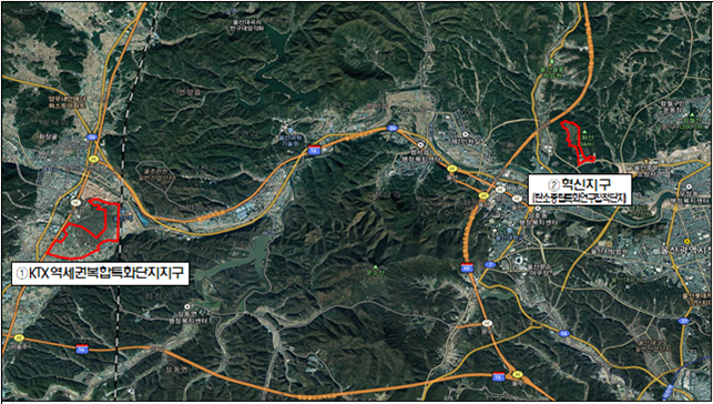 The KTX transit-oriented convergence district in Sinwha-ri, Samnam-eup, Ulju-gun, and the Daun Innovation Convergence District in Daun-dong, Jung-gu — both being developed as part of Ulsan's urban innovation special zone. [Captured from Ulsan Urban Corporation website]