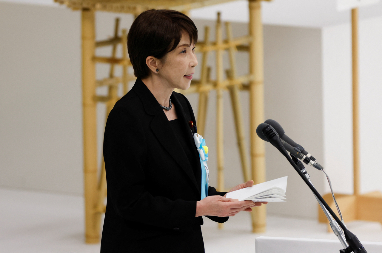 Japan's Prime Minister Sanae Takaichi speaks during a memorial service ceremony marking the 81st anniversary of Japan's surrender in World War Two, at Budokan Hall in Tokyo, Japan, Aug. 15. (Yonhap-Reuters)