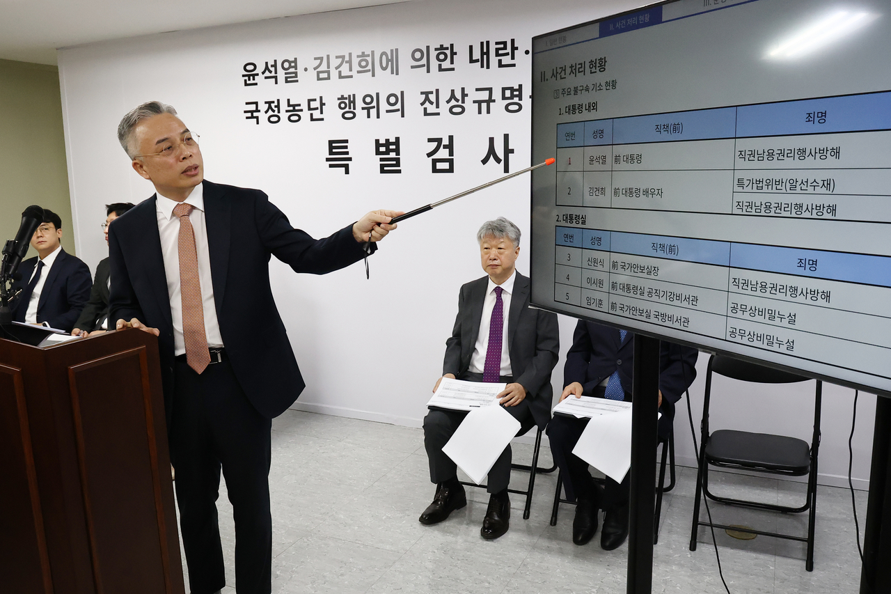 Special counsel Kwon Chang-young (center) announces the final results of his team's investigation at his office in Gwacheon, just south of Seoul, on Monday. (Yonhap)