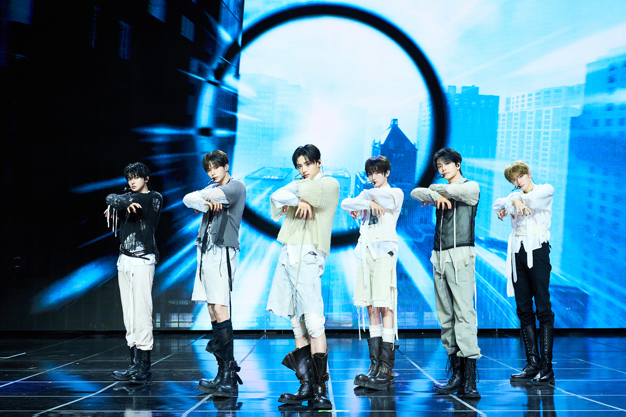 Alpha Drive One performs “Born Dire” during a media showcase held at Blue Square Woori Won Banking Hall in Yongsan-gu, central Seoul, Monday. (WakeOne)