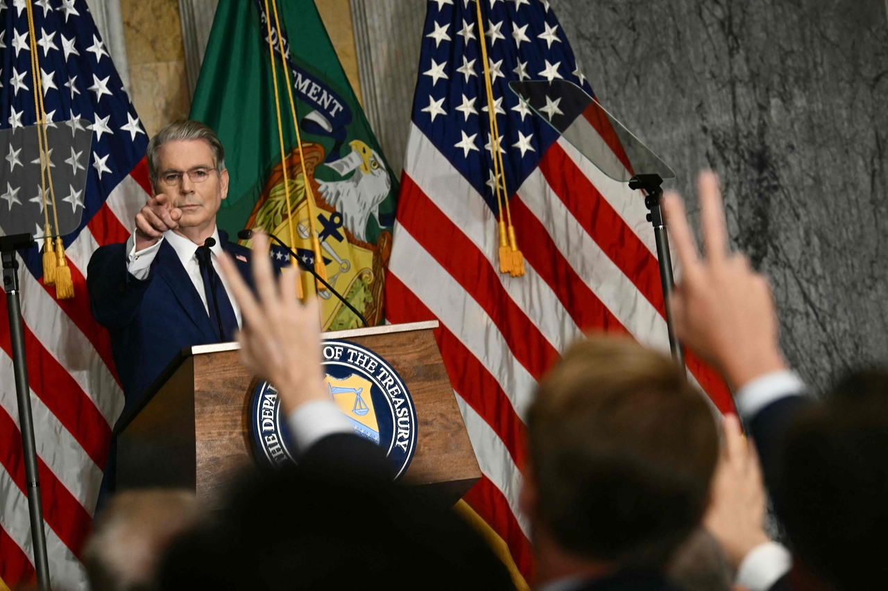 US Secretary of the Treasury Scott Bessent takes questions from reporters as he speaks during a press conference in Washington, Monday.     (AFP-Yonhap)