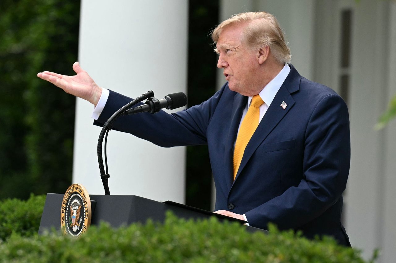 US President Donald Trump speaks in the Rose Garden of the White House in Washington on Aug. 24. (AFP-Yonhap)