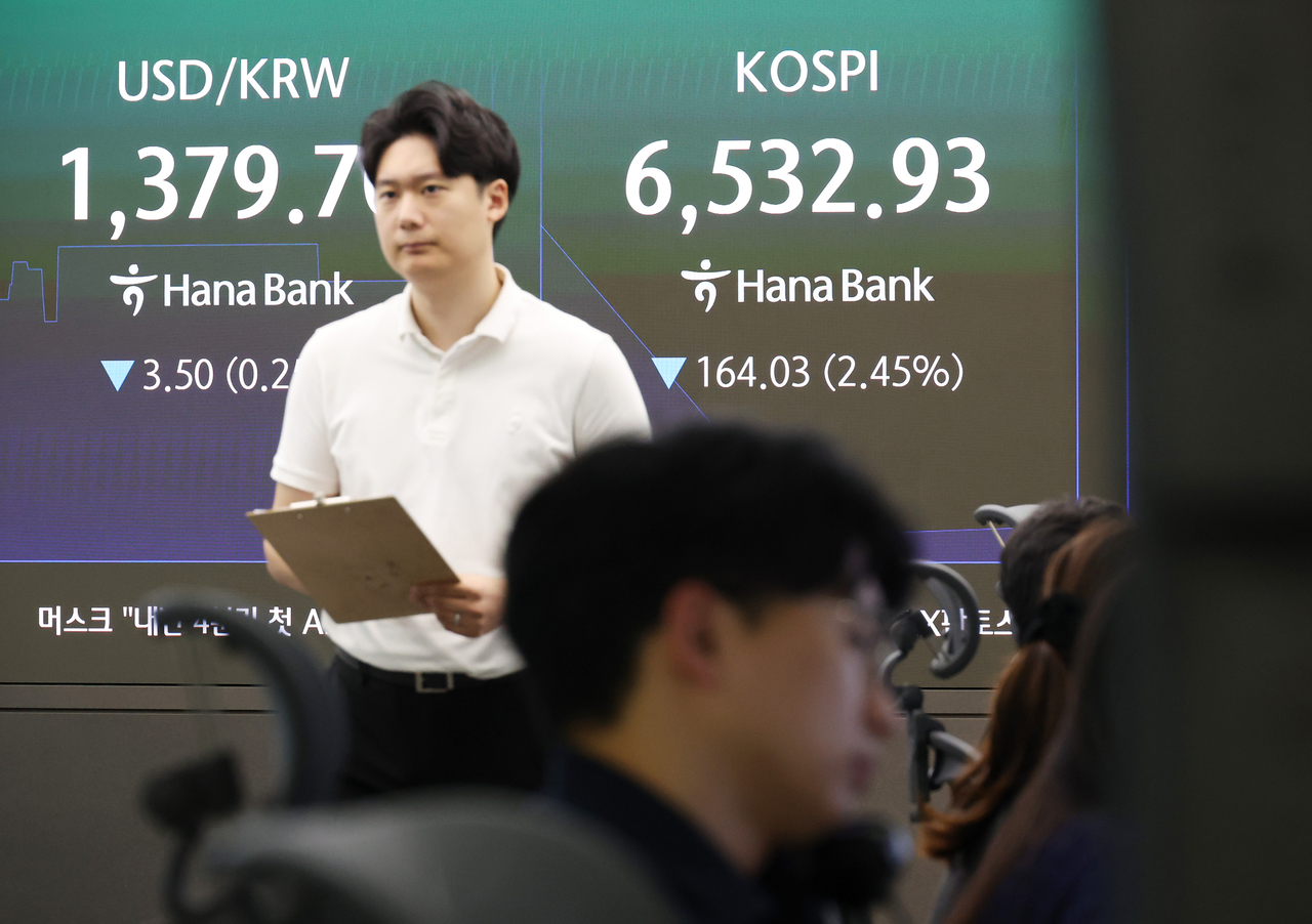 25일 중구 하나은행 본점 딜링룸 전광판에 실시간 코스피와 원/달러 환율이 표시돼 있다. [연합]