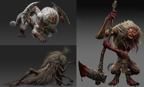 Monster concept art for Nexon’s Woochi the Wayfarer, featuring the goblin-like Geoseunsa from Jeju folklore, depicted wearing an inverted straw rain cape, and Gwangsajok, inspired by traditional Korean lion masks (Nexon)