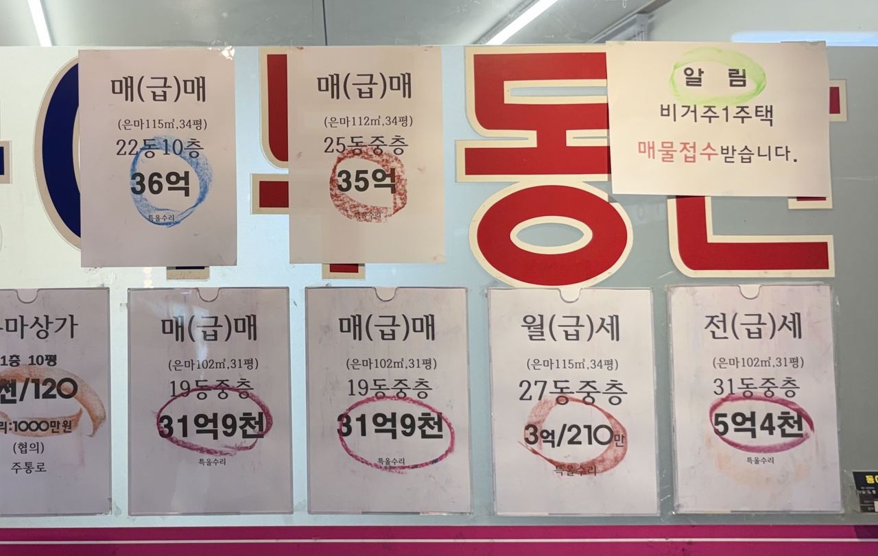 24일 서울 강남구 대치동의 한 공인중개업소에 비거주 1주택 매물을 접수한다는 안내지와 급매 전단이 붙어 있다.  윤승현 기자
