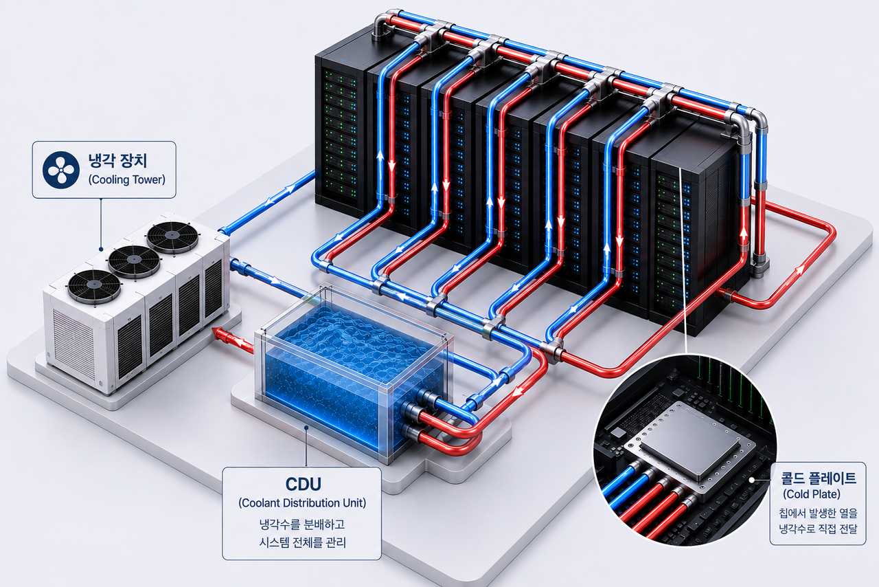 An AI-generated conceptual image of liquid cooling infrastructure for a data center (LG CNS)