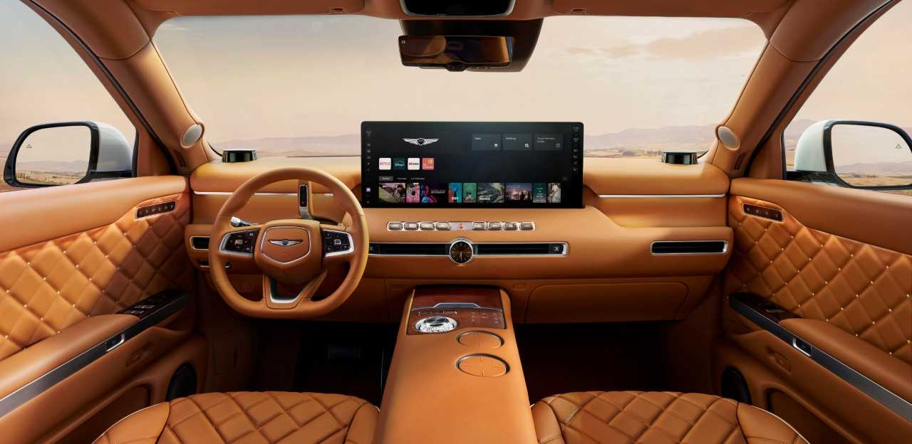 The pop-up center OLED cinematic display on the GV90 Neolun, featuring a 24.6-inch Samsung Display OLED panel. [Hyundai Motor Group]