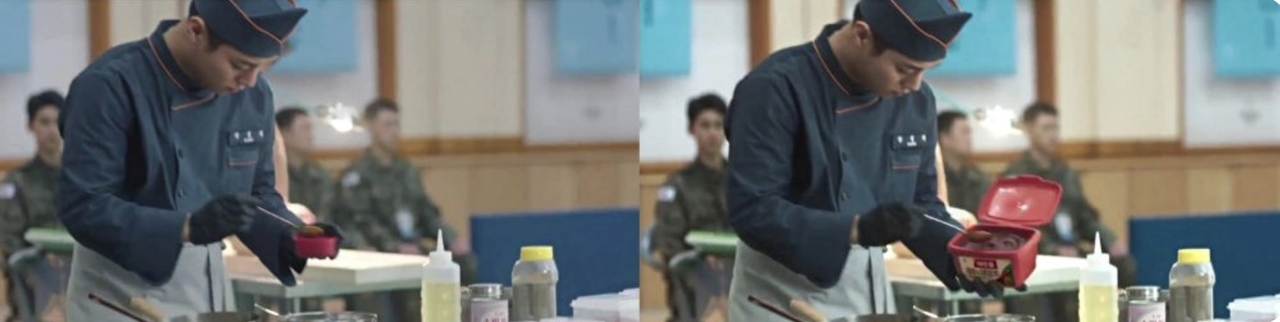 티빙 오리지널 드라마 ‘취사병 전설이 되다’ 11화의 한 장면. 주인공이 고추장을 사용해 요리를 하는 장면을 편집 과정에서 AI 기술을 활용, 특정 제품 PPL로 대체했다. [CJ ENM]