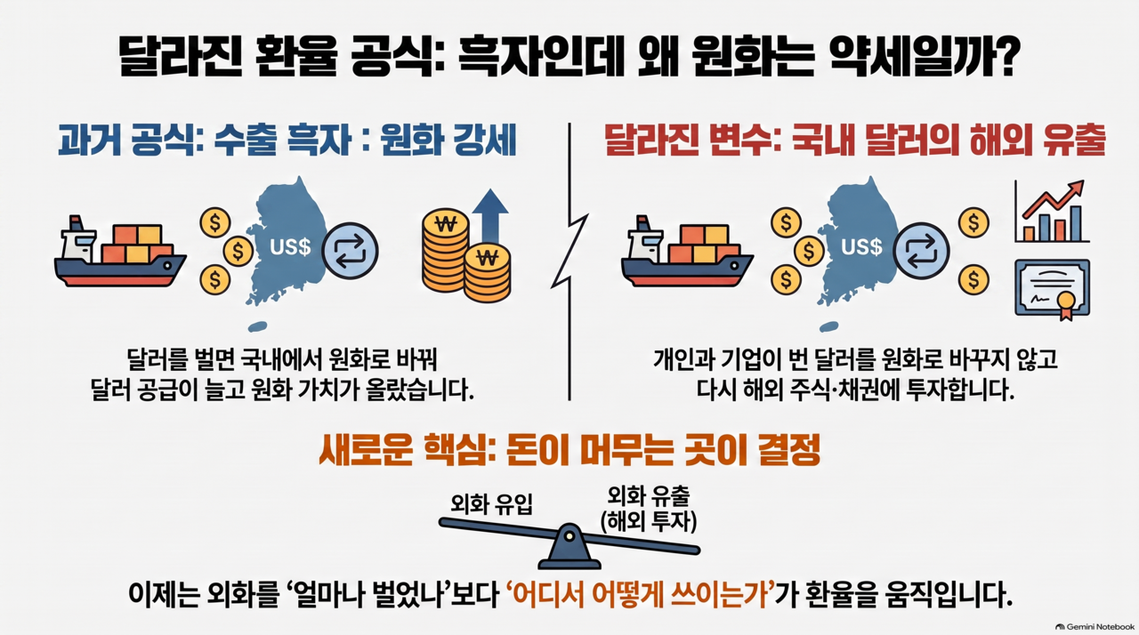 경상수지 흑자와 원화 가치의 관계 변화. 해외투자가 늘면서 수출로 벌어들인 달러가 국내에서 원화로 환전되지 않고 다시 해외로 향하는 경우가 늘고 있다. [NotebookLM]