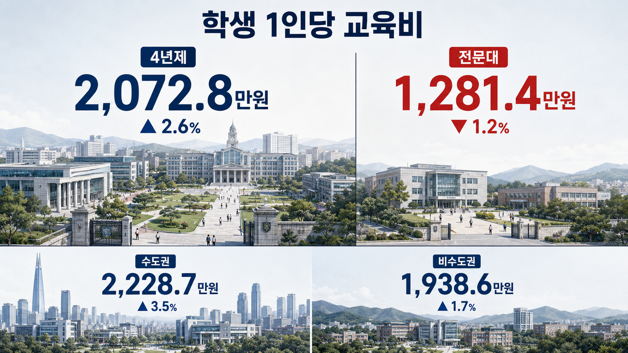 4년제 대학의 학생 1인당 교육비가 증가한 반면 전문대학은 감소한 것으로 나타났다. [교육부 제공·챗GPT로 제작]