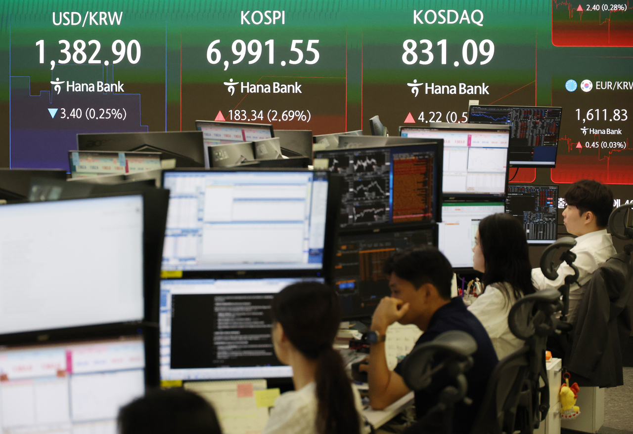 An electronic board showing the Korea Composite Stock Price Index at a dealing room of the Hana Bank headquarters in Seoul on Thursday. (Yonhap)