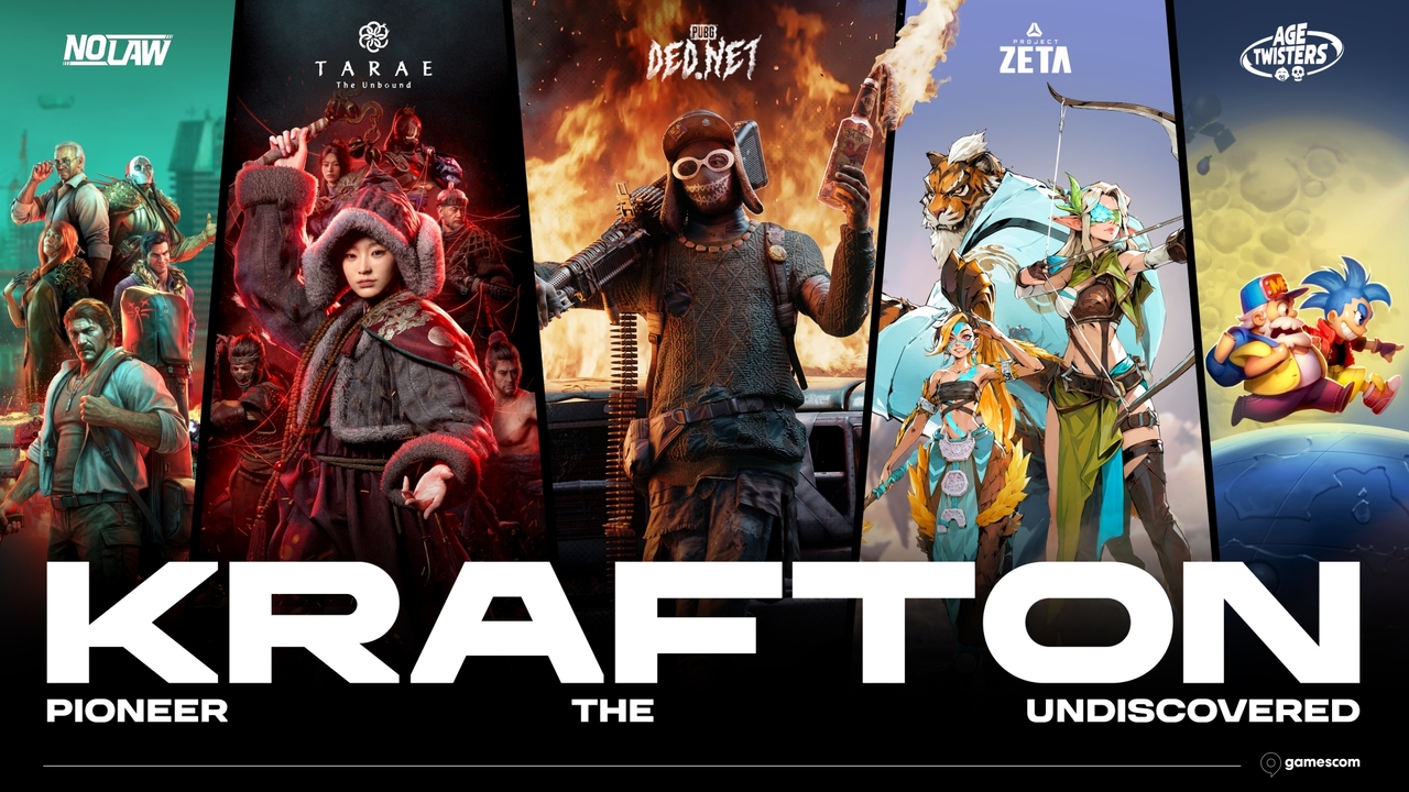 Krafton showcased five titles at Gamescom 2026 — from left, “No Law,” “Tarae: The Unbound,” “PUBG: DED.NET,” “Project Zeta” and “Age Twisters.” (Krafton)