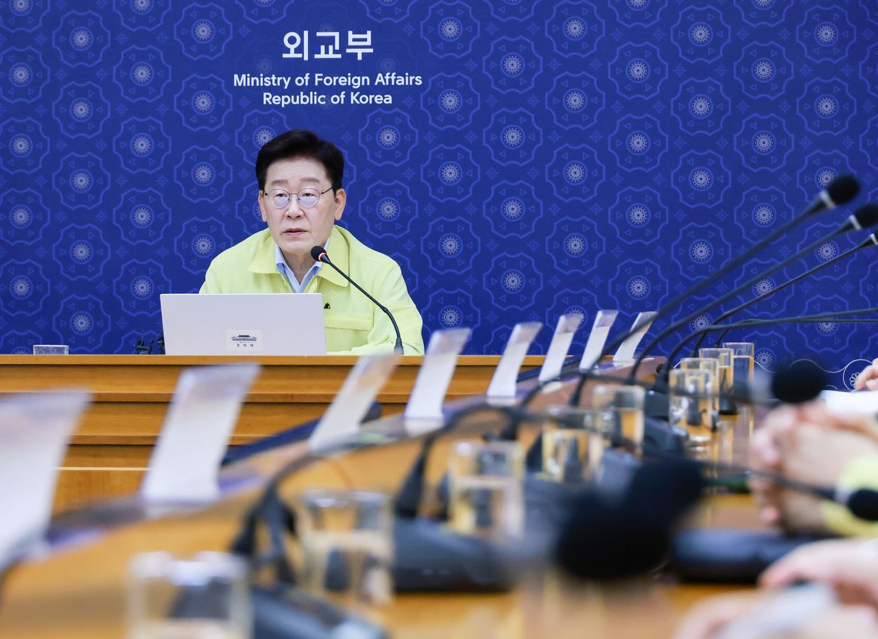 President Lee Jae Myung presides over an emergency meeting on the response to flood damage in Nepal at the Foreign Ministry headquarters in Seoul on Thursday. (Yonhap)