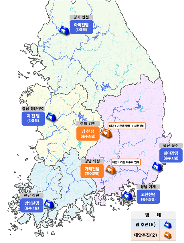 7개 댐 검토 결과(추진 5, 대안 2)[기후에너지환경부 자료]