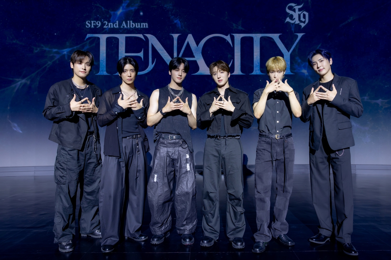 SF9 poses at a press showcase in the Cube Convention Center in Mapo-gu, western Seoul, Wednesday. (FNC Entertainment)