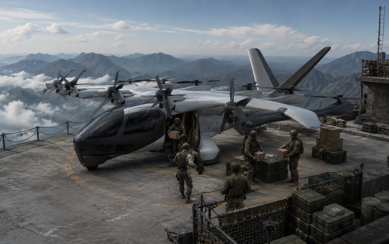 An AI-generated concept image showing the expected operational use of military advanced air mobility vehicles. [Korean Air]
