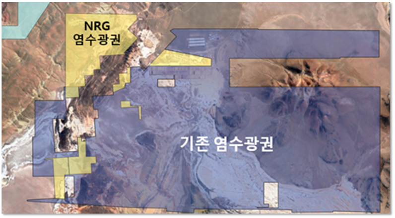 포스코홀딩스가 인수한 NRG 염수광권(노란색)과 기존 옴브레 무에르토 염호 광권(파란색) 위치도. NRG 광권 확보로 리튬 자원 개발 기반을 확대했다. [포스코홀딩스 제공]