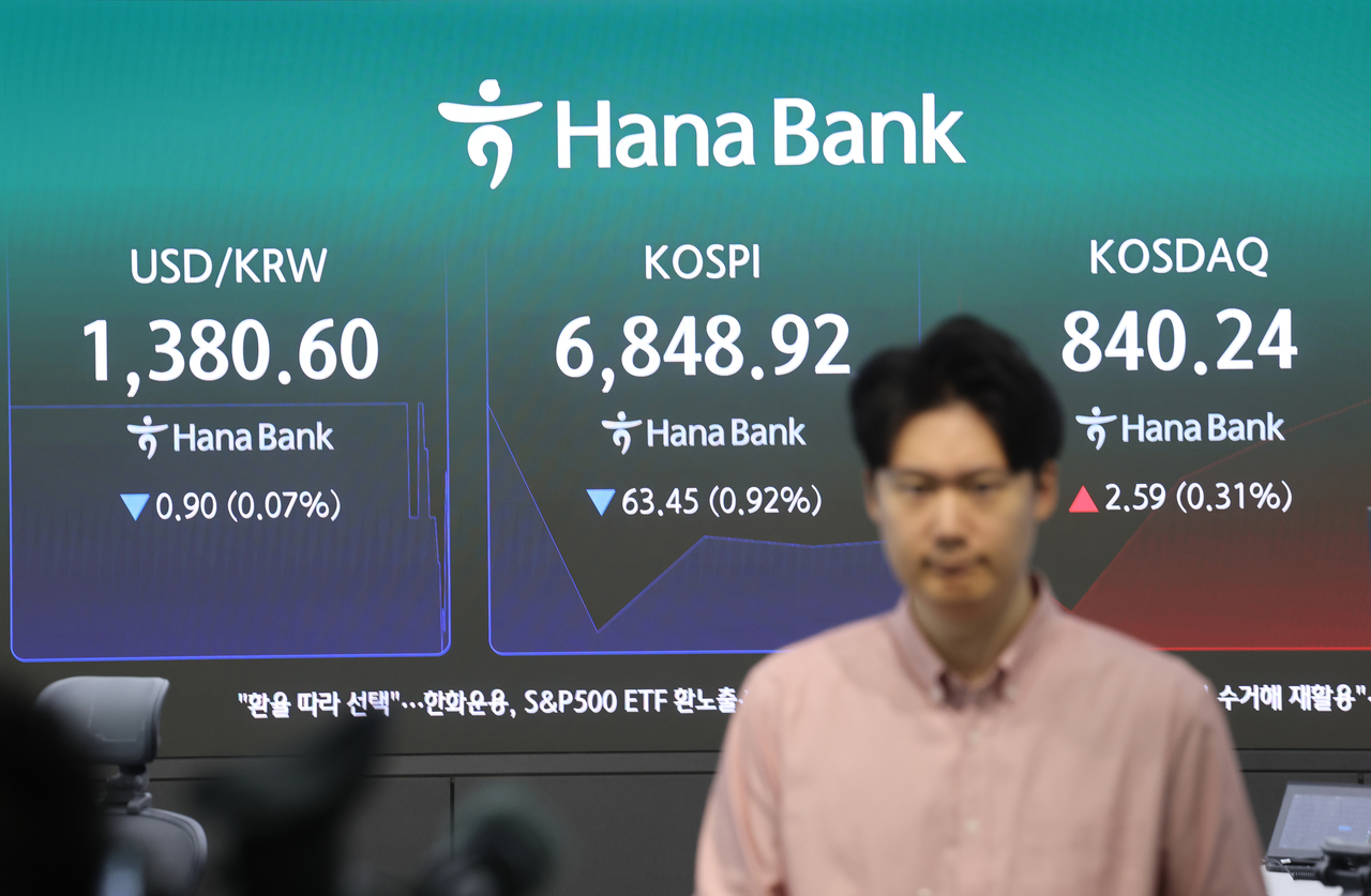 An electronic board showing the Korea Composite Stock Price Index at a dealing room of the Hana Bank headquarters in Seoul on Friday. (Yonhap)