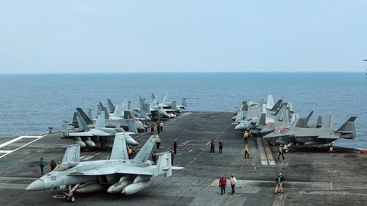 Fighter jets parked on the USS George Washington aircraft carrier during a trilateral Freedom Edge exercise between South Korea, the United States and Japan, Nov. 14, 2024. (Courtesy of the Joint Chiefs of Staff)