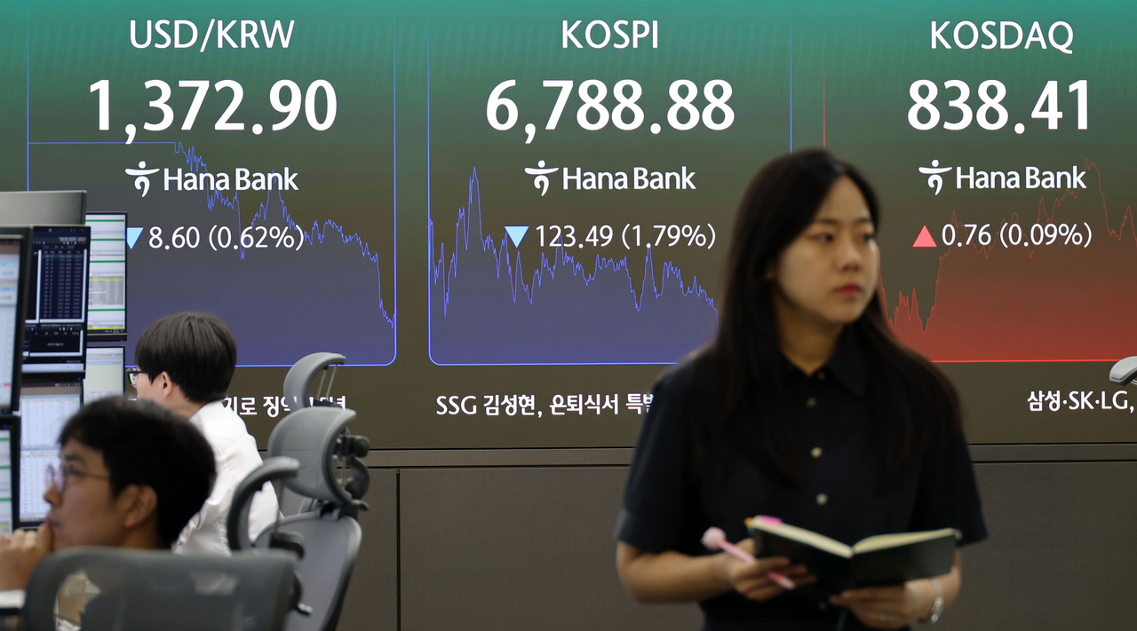 An electronic board showing the Korea Composite Stock Price Index at a dealing room of the Hana Bank headquarters in Seoul on Friday. (Yonhap)