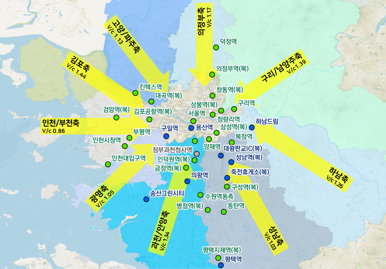수도권 환승센터 및 복합환승센터 사업 추진 계획 (파란색은 신규, 연두색은 계속, 검정색은  추가 검토 사업)