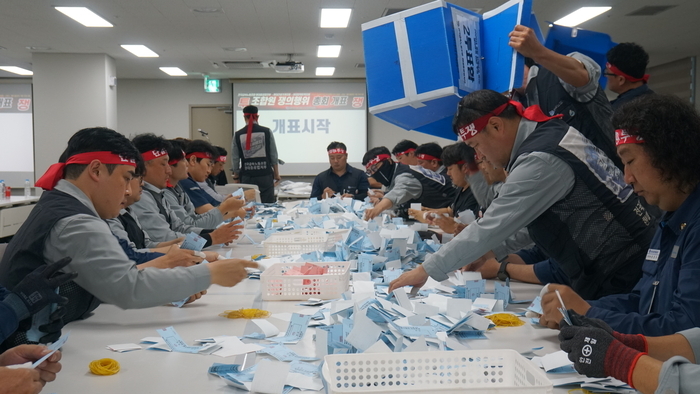 금속노조 현대중공업지부가 27일 쟁의행위 찬반투표 개표를 하고 있다. [현대중공업지부 제공]
