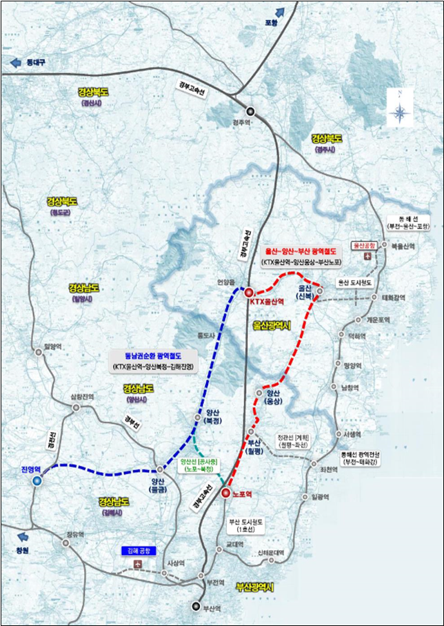 A route map of the proposed southeastern circular metropolitan railway. [South Gyeongsang Province]