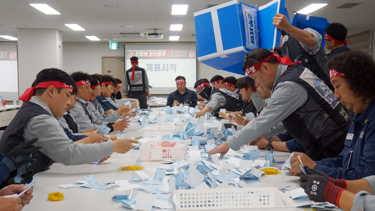 HD현대중공업 노동조합(금속노조 현대중공업지부)이 27일 올해 임금 및 단체협약 관련 파업권을 확보했다. 사진은 노조원들이 이날 투표지를 개표하는 모습. [현대중공업 노조 제공/연합]