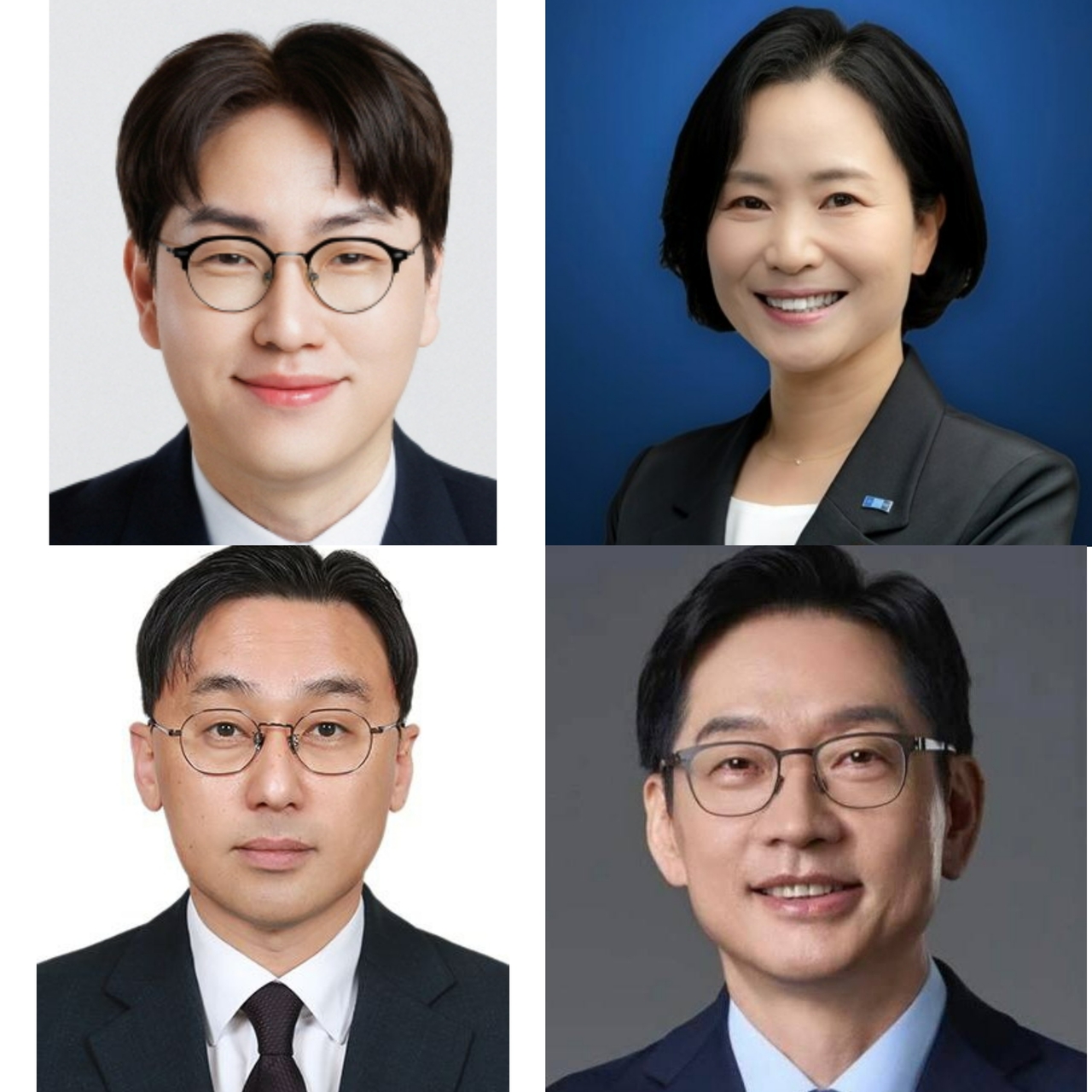 From top left: Ha Jung-woo, nominee for vice chair of the Presidential Council on National AI Strategy, and Rebuilding Korea Party Rep. Lee Hai-min, named senior presidential secretary for AI and future planning. From bottom left: Lee Won-ju, tapped as presidential adviser for megaprojects, and former South Gyeongsang Gov. Kim Kyoung-soo, appointed as special adviser for political affairs. (Cheong Wa Dae, combined by The Korea Herald)