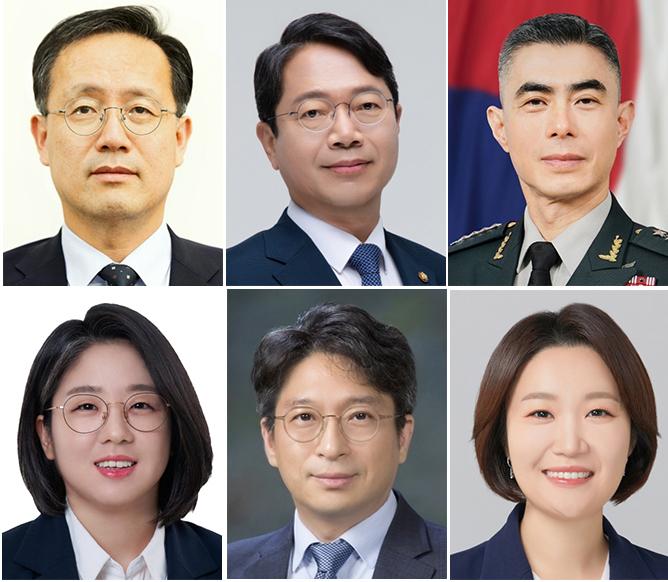 From top left: Lee Hyoung-il, nominee for deputy prime minister for economic affairs and minister of finance and economy; Democratic Party of Korea Rep. Kim Seung-won, nominee for justice minister; and Kang Shin-chul, nominee for defense minister. From bottom left: Basic Income Party Rep. Yong Hye-in, nominee for gender equality and family minister; Hong Jee-sun, nominee for land, infrastructure and transport minister; and Democratic Party of Korea Rep. Lee So-young, nominee for SMEs and startups minister. Cheong Wa Dae announced the six nominations on Sunday. (Cheong Wa Dae via Yonhap)