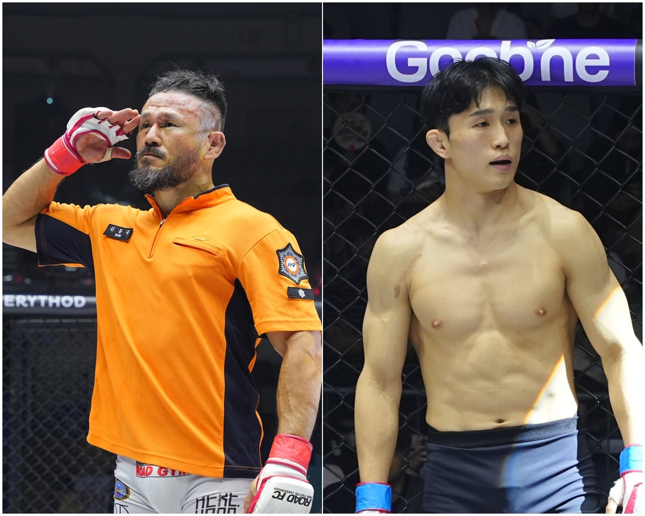 Shin Dong-guk (left), the "firefighter fighter," and Park Min-su after Road FC 078, at which both announced their retirements