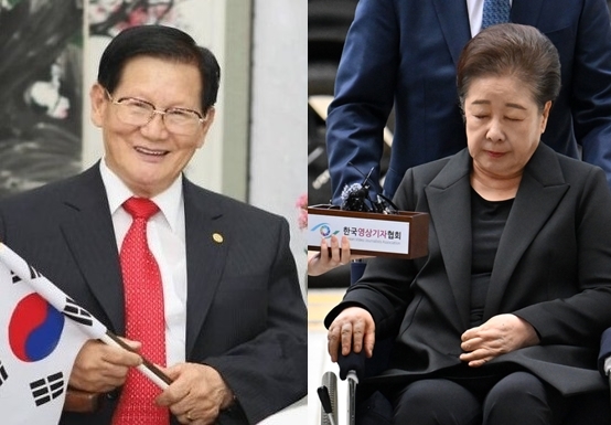 This composite file photo shows Lee Man-hee (L), founder of the Shincheonji Church of Jesus, and Unification Church leader Han Hak-ja. (Screenshot from Shincheonji official website) (Im Se-jun/The Korea Herald)