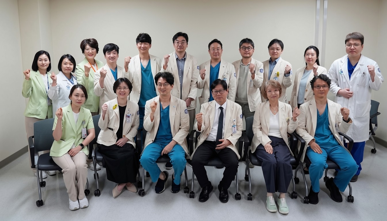 서울성모병원 비뇨기암센터 의료진이 정례적 다학제 협진 회의 후 전이성 전립선암 방사성리간드치료 누적 200회 기념 사진을 촬영하고 있다. (앞줄 오른쪽부터) 비뇨의학과 홍성후 교수, 병리과 최영진 교수,  비뇨의학과 이지열 교수(병원장), 비뇨의학과 하유신 교수, 핵의학과 오주현 교수.[서울성모병원 제공]
