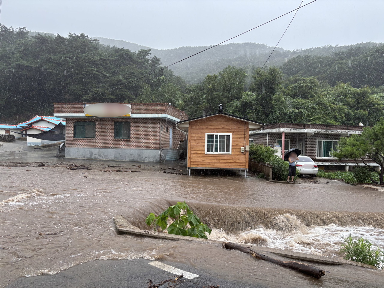 A road in Gochang, North Jeolla Province, is flooded by rainwater Monday morning. (Jeonbuk Fire Headquarters-Yonhap)