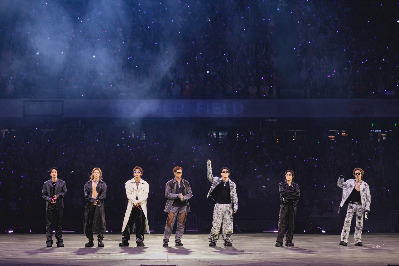 BTS performs during its "Arirang" tour, which landed at Soldier Field in Chicago on Aug. 27 and 28. (Big Hit Music)