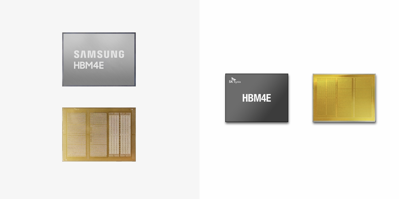 Samsung Electronics began shipping 12-layer HBM4E samples to major customers in May (left), followed by SK hynix with its own 12-layer HBM4E samples in June. (Samsung/SK hynix)